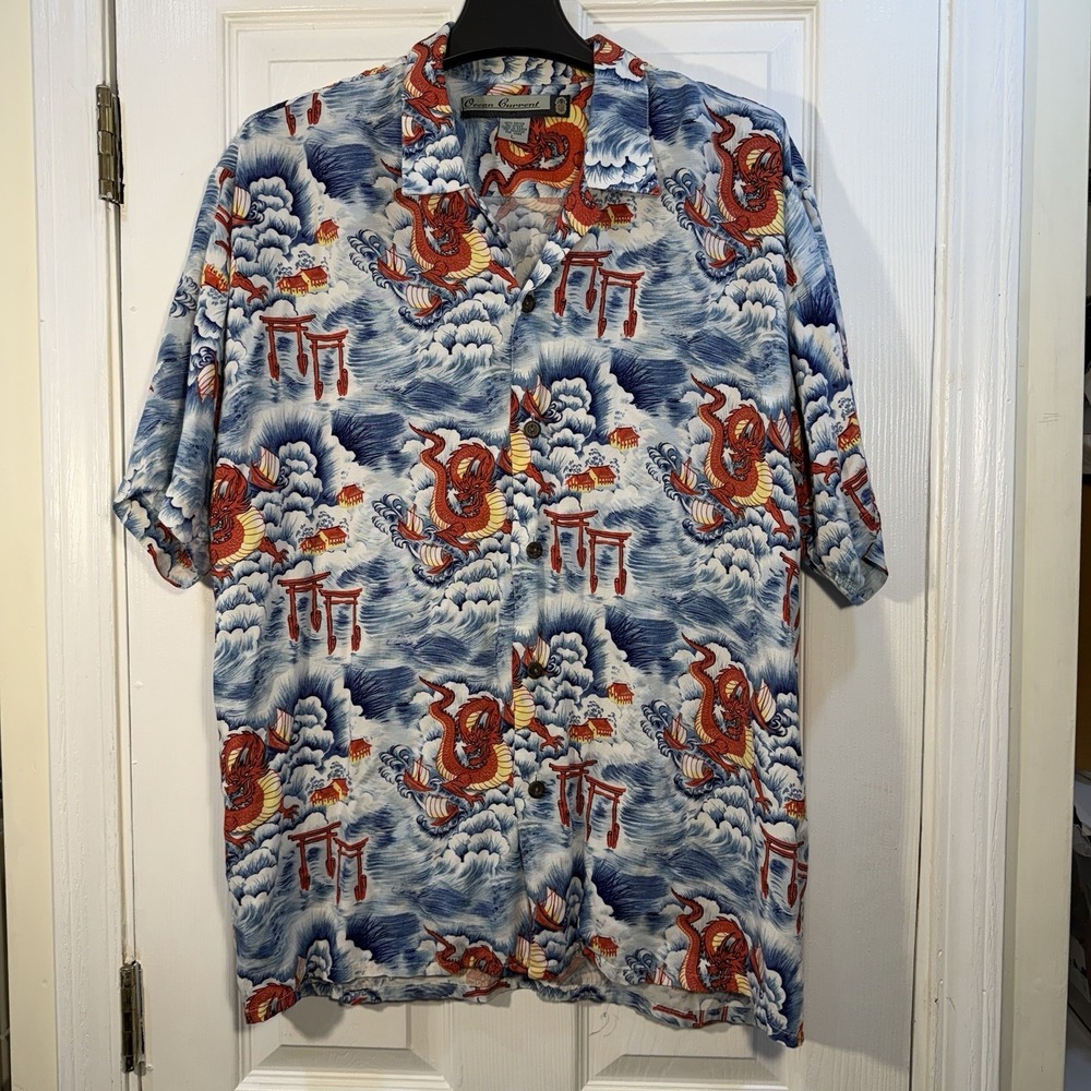 Vintage Ocean Current  Rayon All Over Dragon Print Hawaiian Size L Button Up